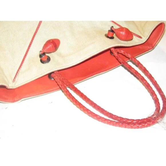 Bottega Veneta Beige BOHO Canvas Fabric With Red Braided Leather